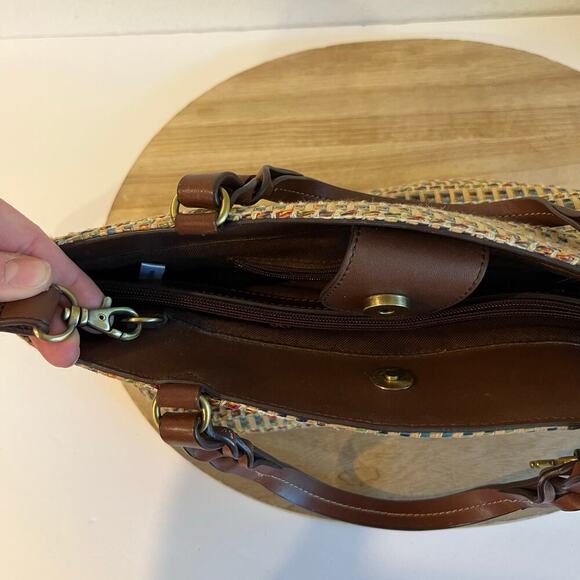 Fossil Multi Colored Woven Brown Leather Top Handle Crossbody Medium Bag - Picture 9 of 16